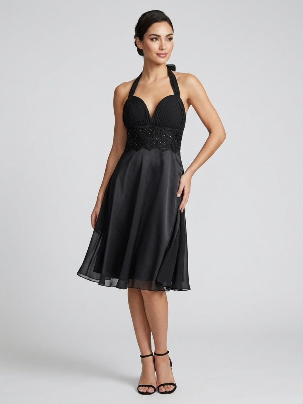 VTG WHBM Y2K Black Halter Dress Beaded Lace Sz 12 Cocktail Party Wedding LBD